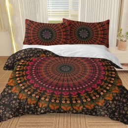 3 pcs Bohemian Mandala Duvet Set, Red Orange Black Floral Mandala Bedding Set, Double-Sided Boho Ethnic Bedspread with Pillow Shams