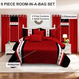 9 Piece Soft All-Season Washed Microfiber Cover Set , Queen/King/Calking Bedding Set With Pillowcases,Bedspread Print Curtains & Solid Curtains,P (Color: red and white Boho, size: QUEEN)